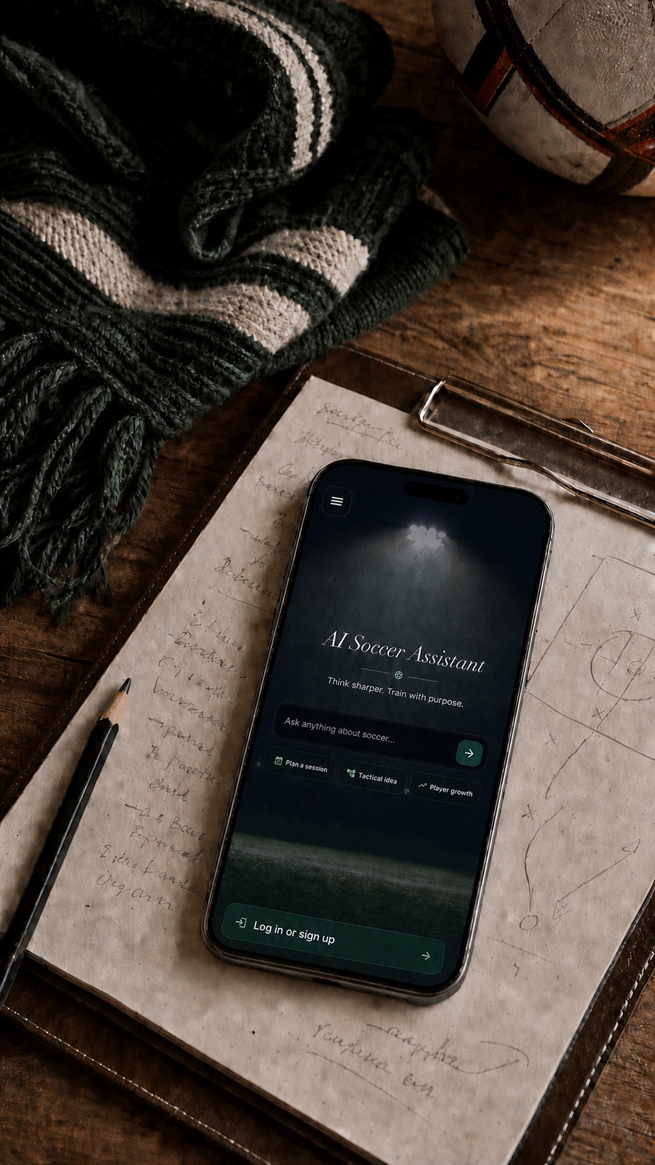 AI Soccer Assistant home screen displayed on an iPhone resting on a coach's tactical notebook